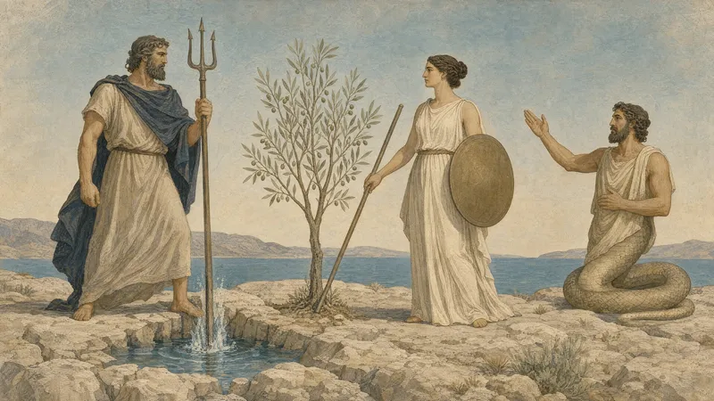 Goddess Athena and Sea God Poseidon facing each other before the olive tree and the salt spring on the Acropolis
