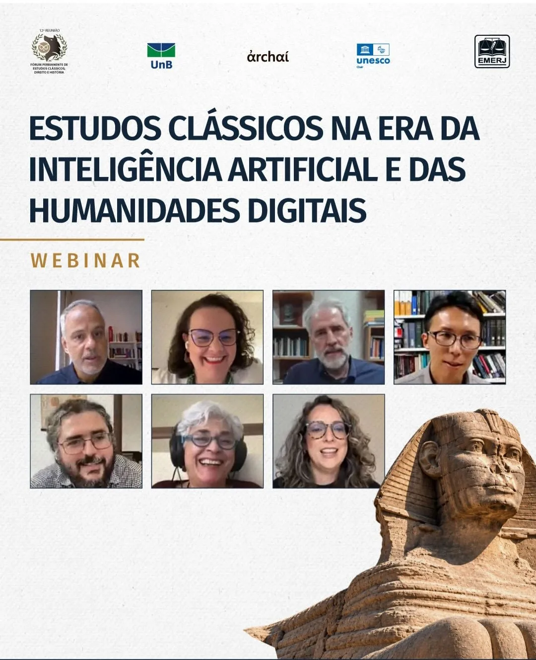 Poster of the webinar "Estudos Clássicos na Era da Inteligência Artificial e das Humanidades Digitais", with the speakers and respondents on Zoom