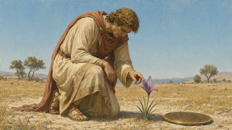 Apollo grieving as the blood shed by the youth at his feet transforms into a vivid purple flower, with words of mourning emerging on the petals