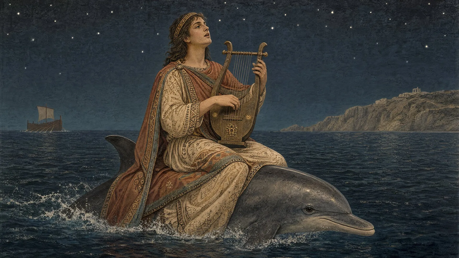 月明かりの海でイルカの背に乗り、竪琴を奏でる音楽家アリオンの幻想的な姿