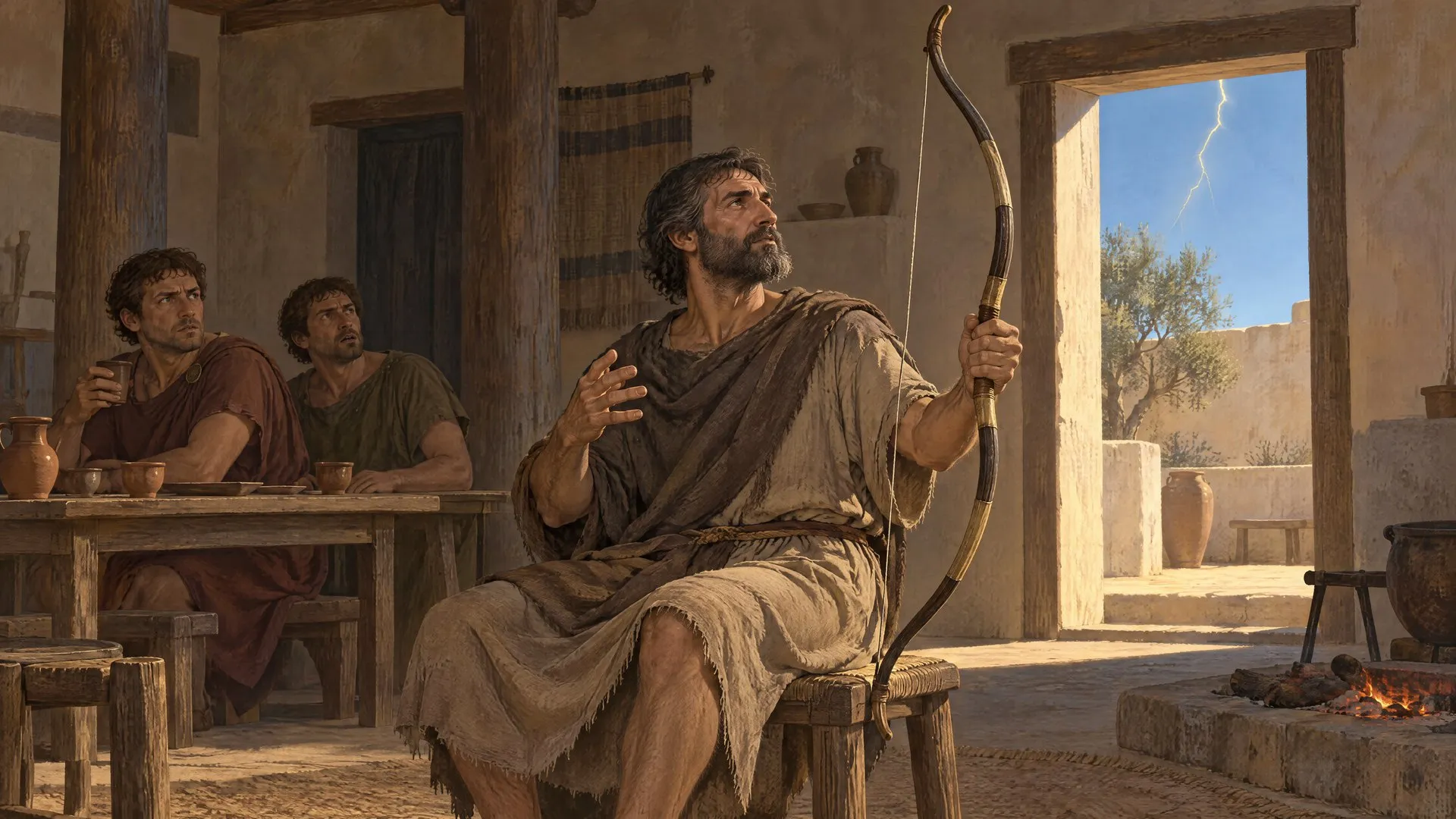 Odysseus, still in his beggar's rags, has strung the great bow and plucked its string; lightning flashes across a clear sky beyond the doorway, and at the far table the suitors have stopped, cups in hand