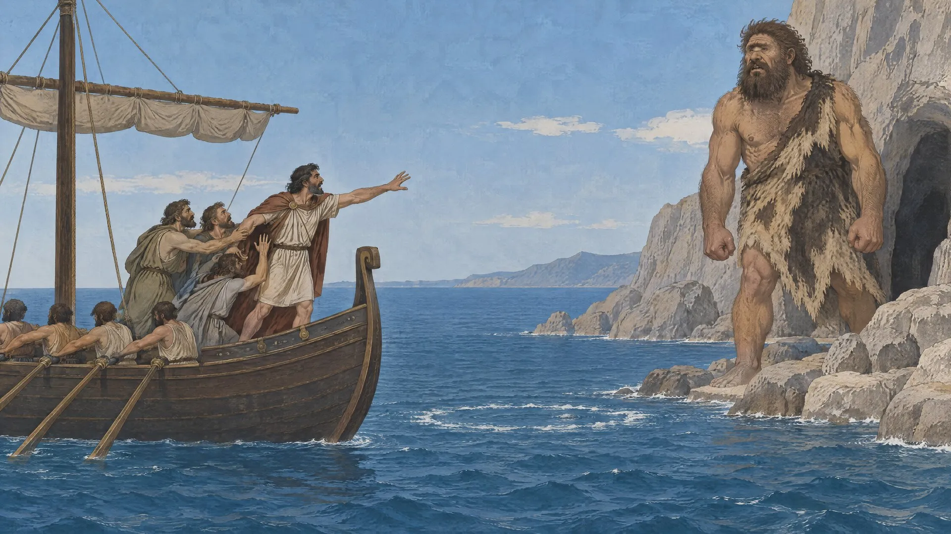 Standing at the stern of a ship rowing out to sea, held back by his companions, Odysseus shouts his name at the blinded giant on the shore