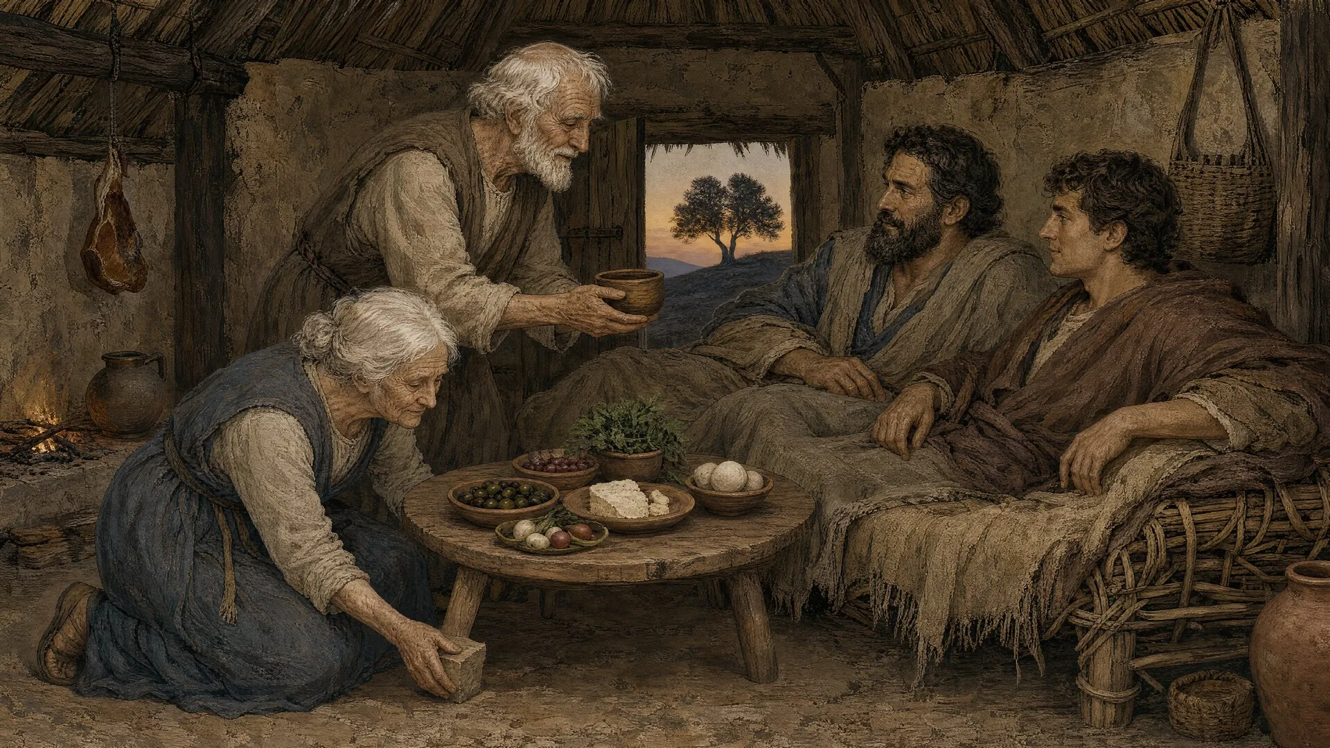質素な小屋の中で、老夫婦が旅人の姿をした神々に食事を振る舞う温かな光景