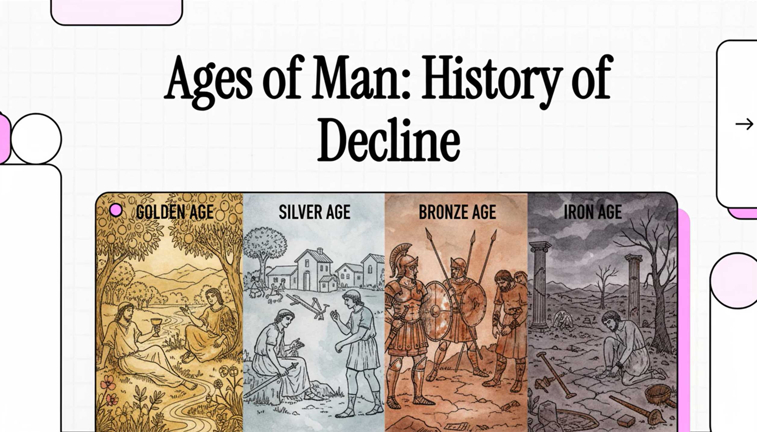 A collage symbolizing the transition of ages, from a golden cup to an iron sword.