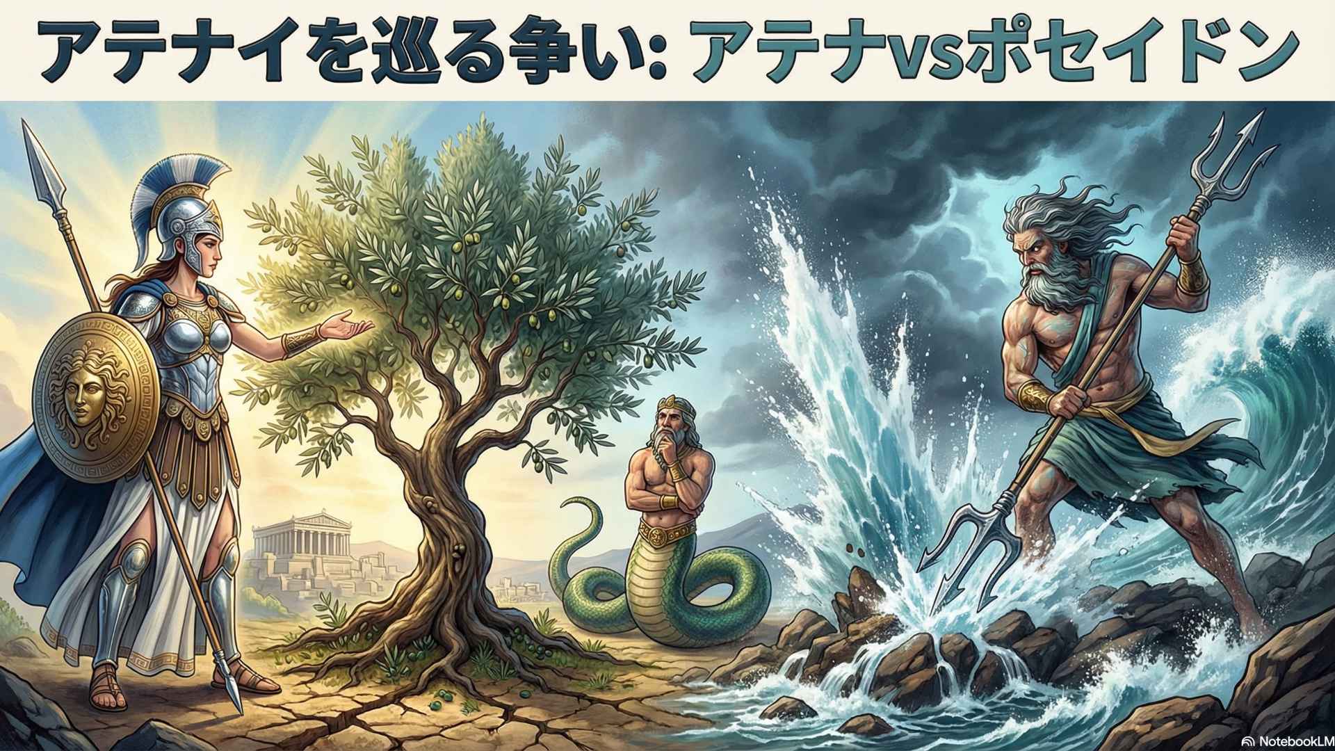 アクロポリスの丘でオリーブの木と塩水の泉を前に対峙する女神アテナと海神ポセイドン