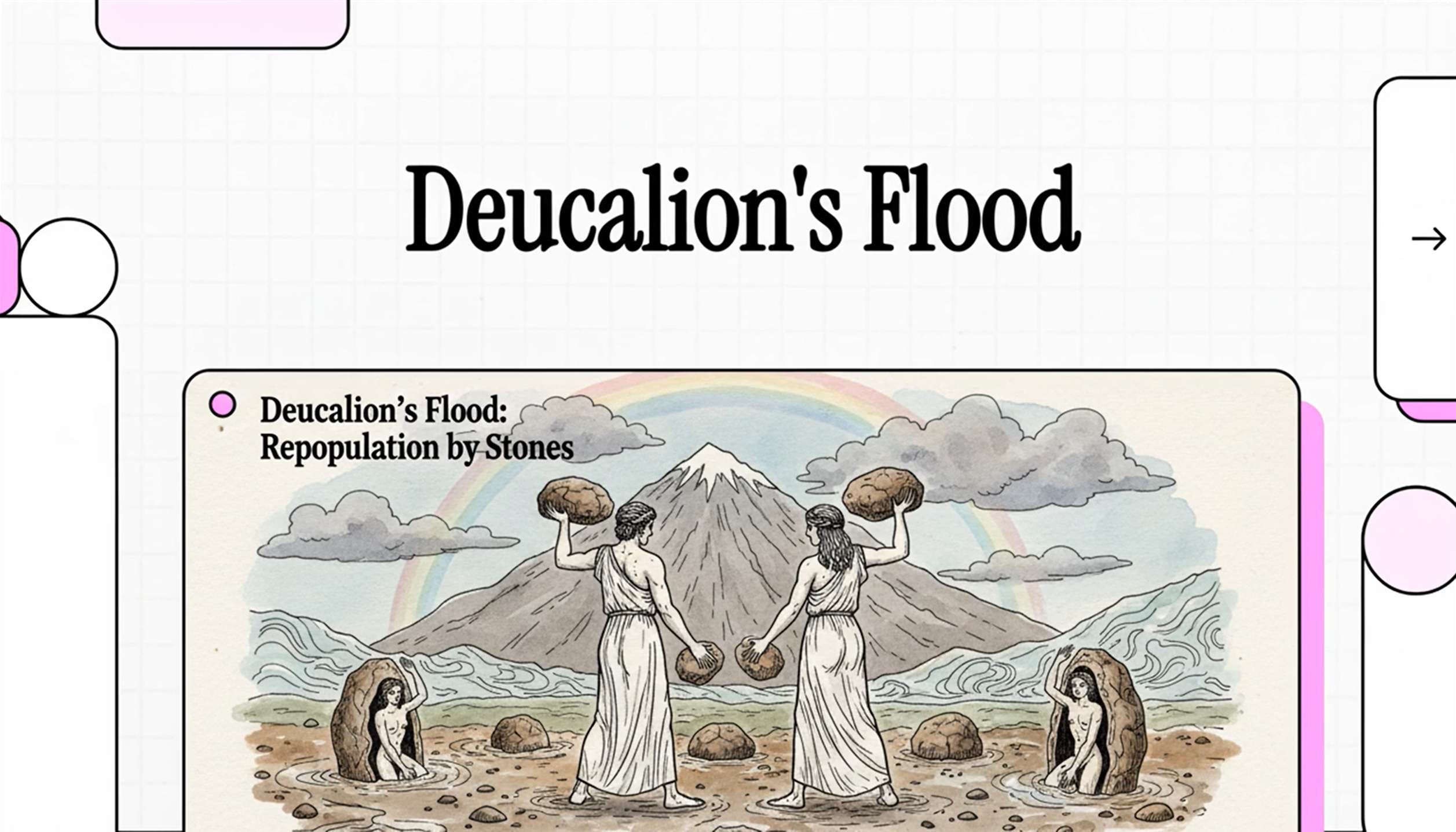 A mythological scene depicting Deucalion and Pyrrha casting stones behind them, from which new humans are born.