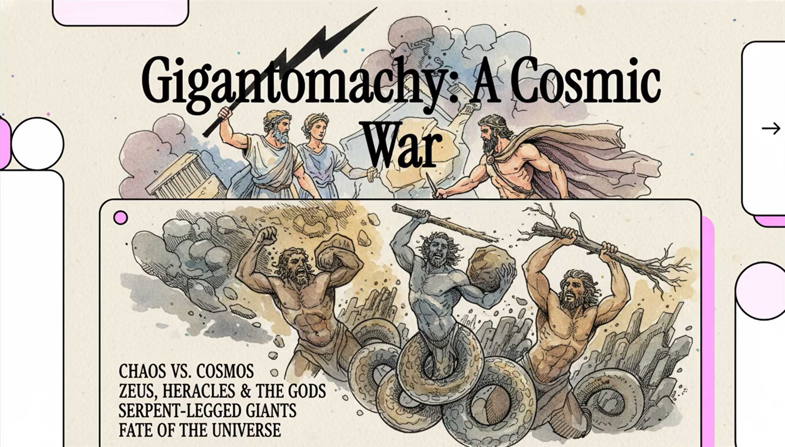 An ancient relief-style illustration depicting the fierce battle of the Gigantomachy between the Olympian gods and the snake-legged Giants.