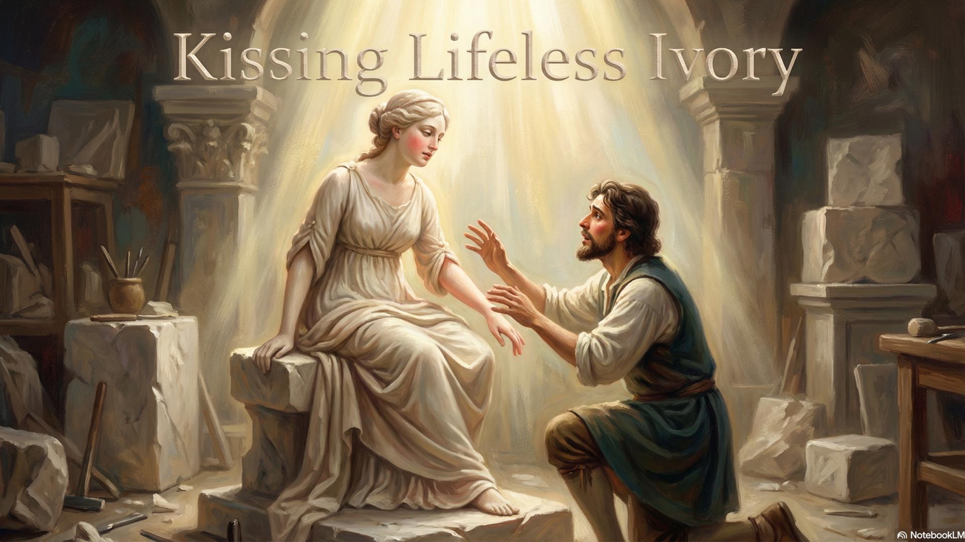 The hand of an ancient sculptor gently touching an ivory statue, and marble skin beginning to take on life