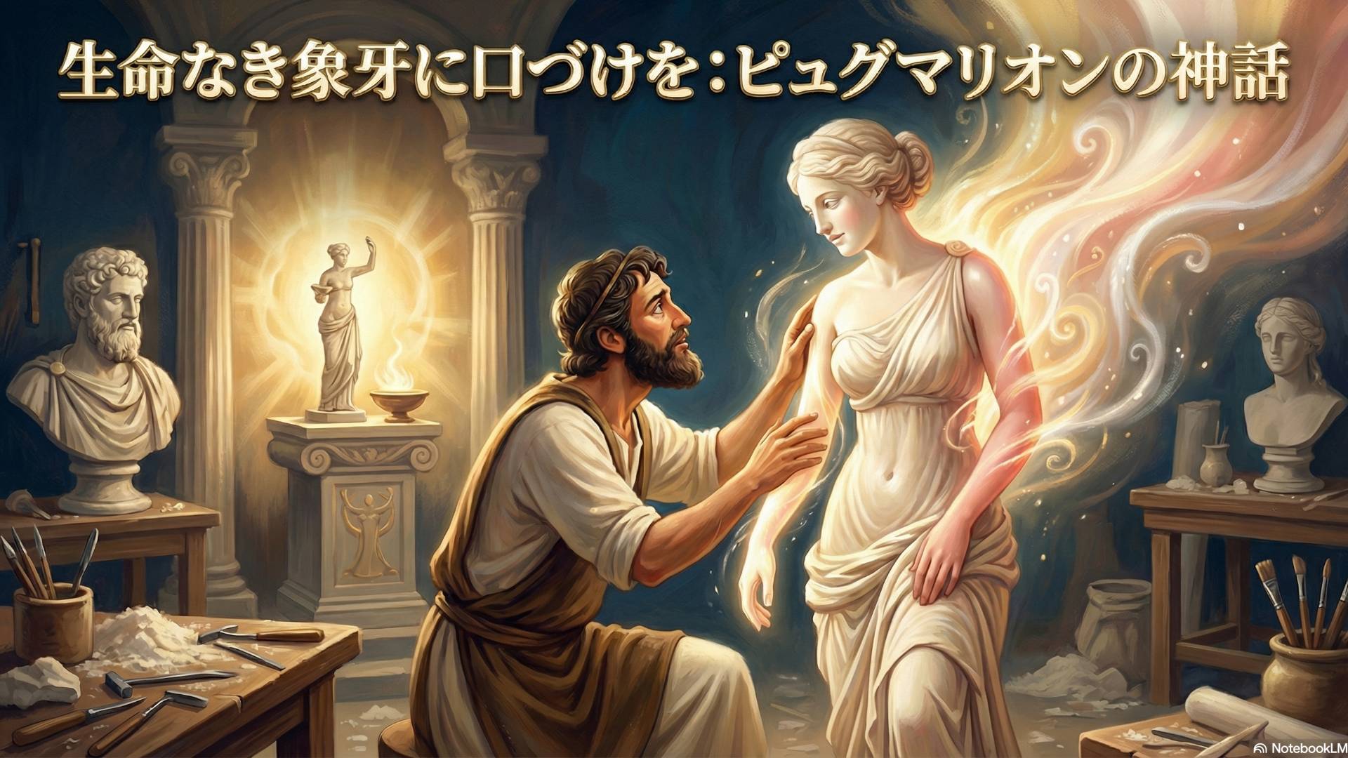 象牙の彫像に優しく触れる古代の彫刻家の手と、生命を帯び始める大理石の肌