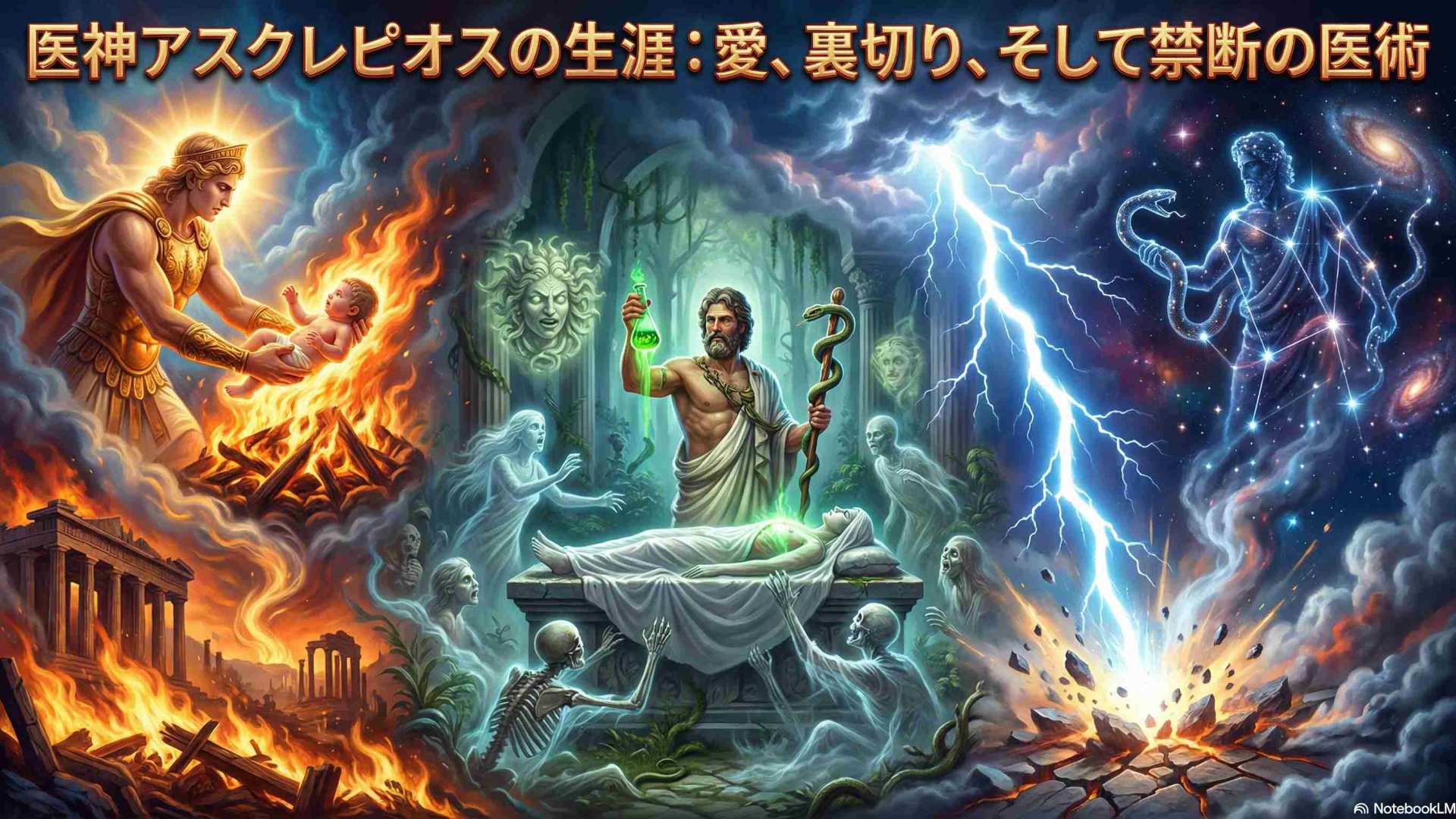 燃え盛る火葬の炎の中から、まだ赤子であるアスクレピオスを救い出す光明の神アポロンの劇的な姿