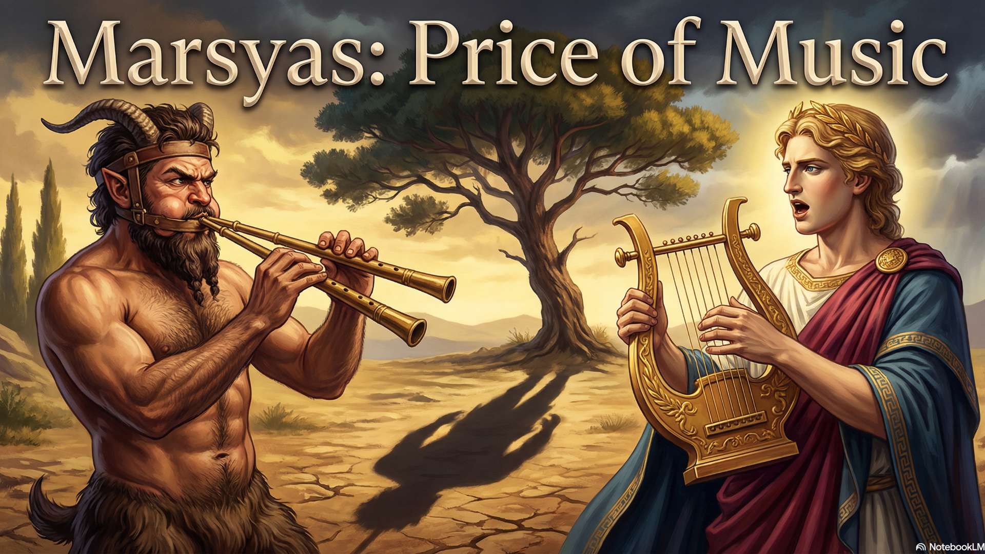 The tragic contrast between the cold resonance of Apollo's lyre and Marsyas hanging from a tree