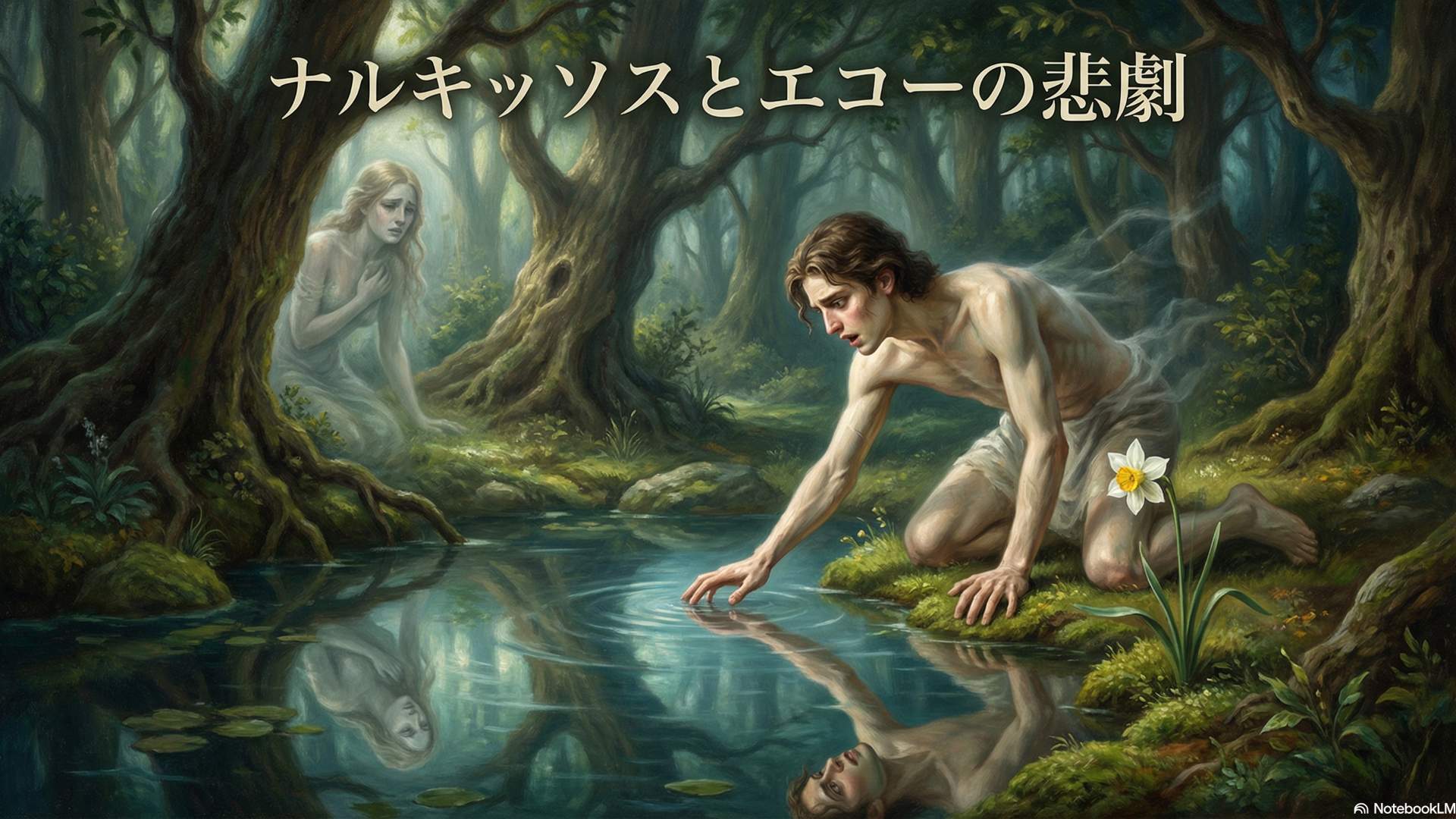 A beautiful youth gazing at his own reflection on the surface of a quiet spring, and a formless presence watching him from the shade of the forest trees