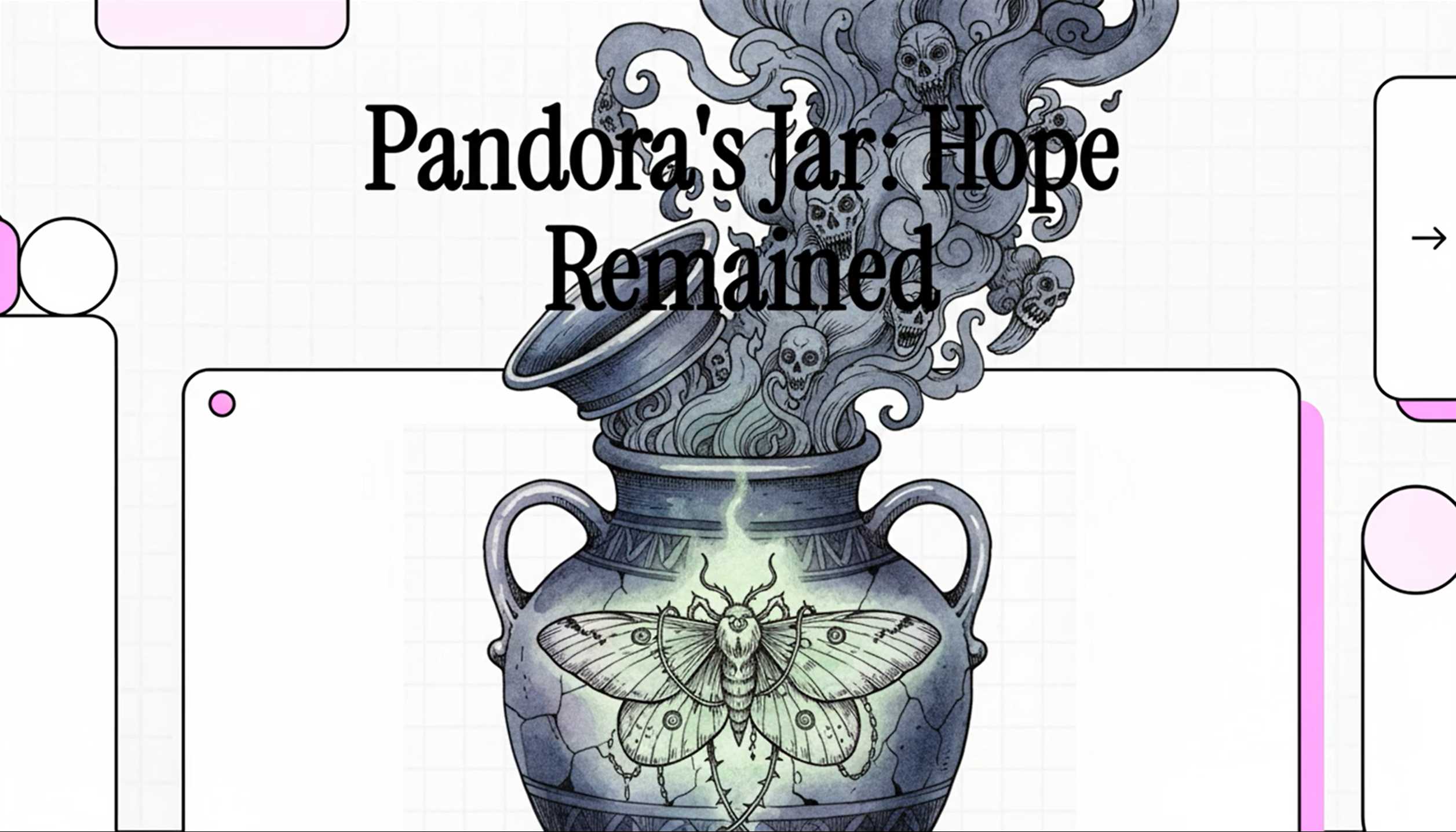 Pandora, with an expression of curiosity and apprehension, stands before the beautiful jar gifted to her by the gods.