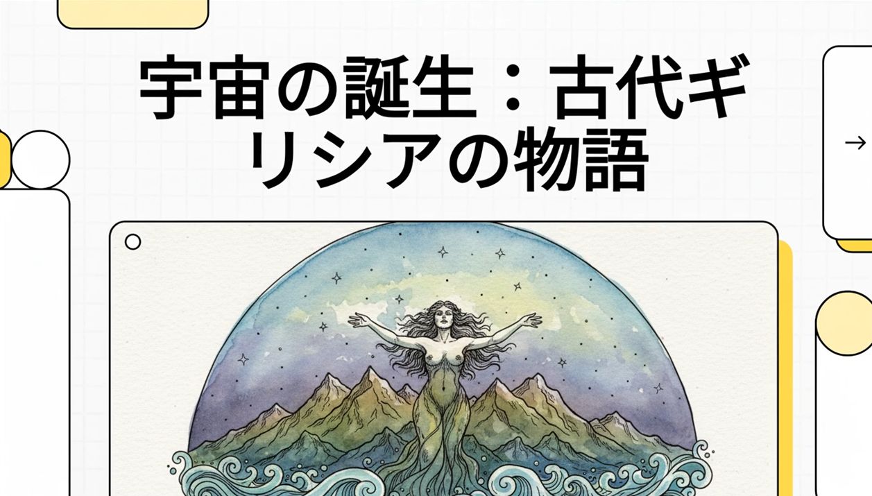 何もない混沌の空間から、大地母神ガイアが姿を現す様子
