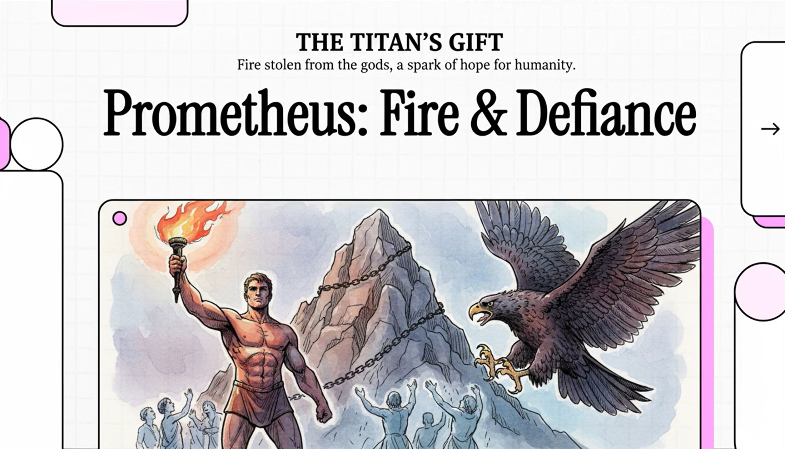 A dramatic scene of Prometheus chained to a rock in the Caucasus Mountains, his liver being eaten by an eagle.