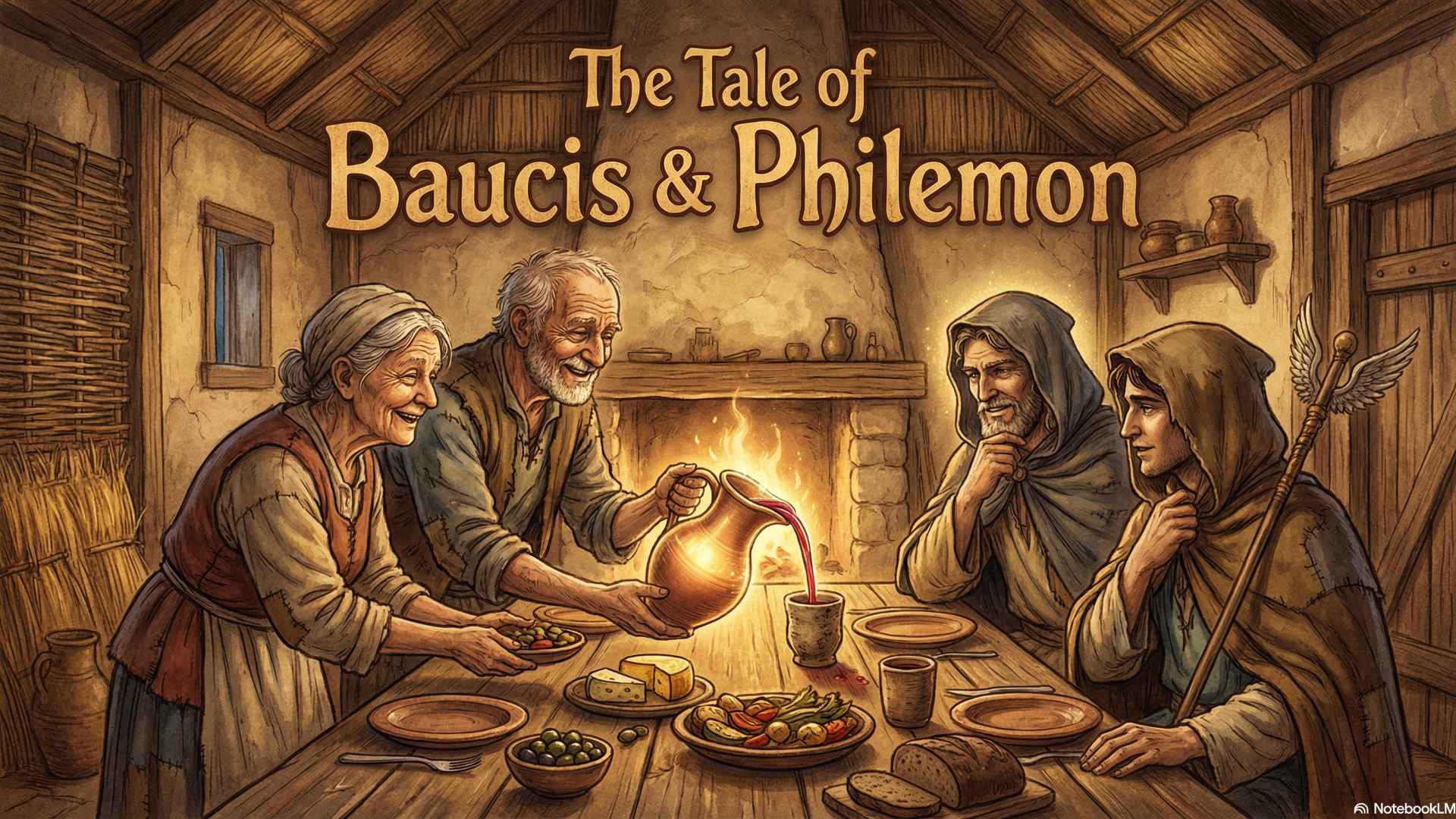 A warm scene of an elderly couple serving a meal to gods disguised as travelers inside a humble cottage