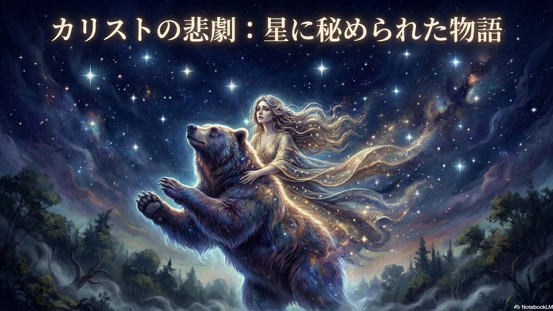 森の中で変身していくカリストと、夜空に昇る二つの星座のイメージ
