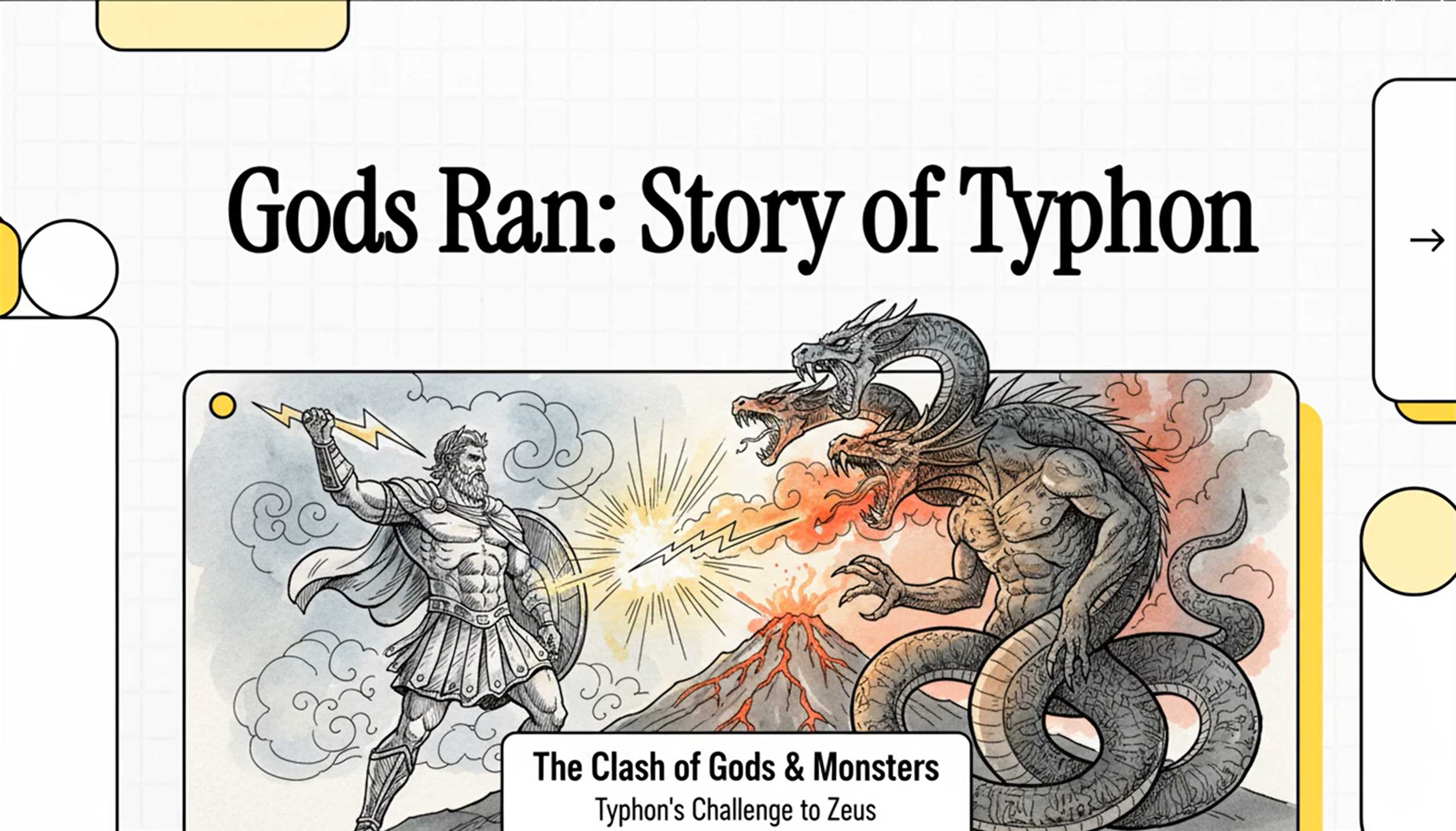 An artist's depiction of the confrontation between Typhon, spewing smoke from Mount Etna, and Zeus, wielding his thunderbolt.