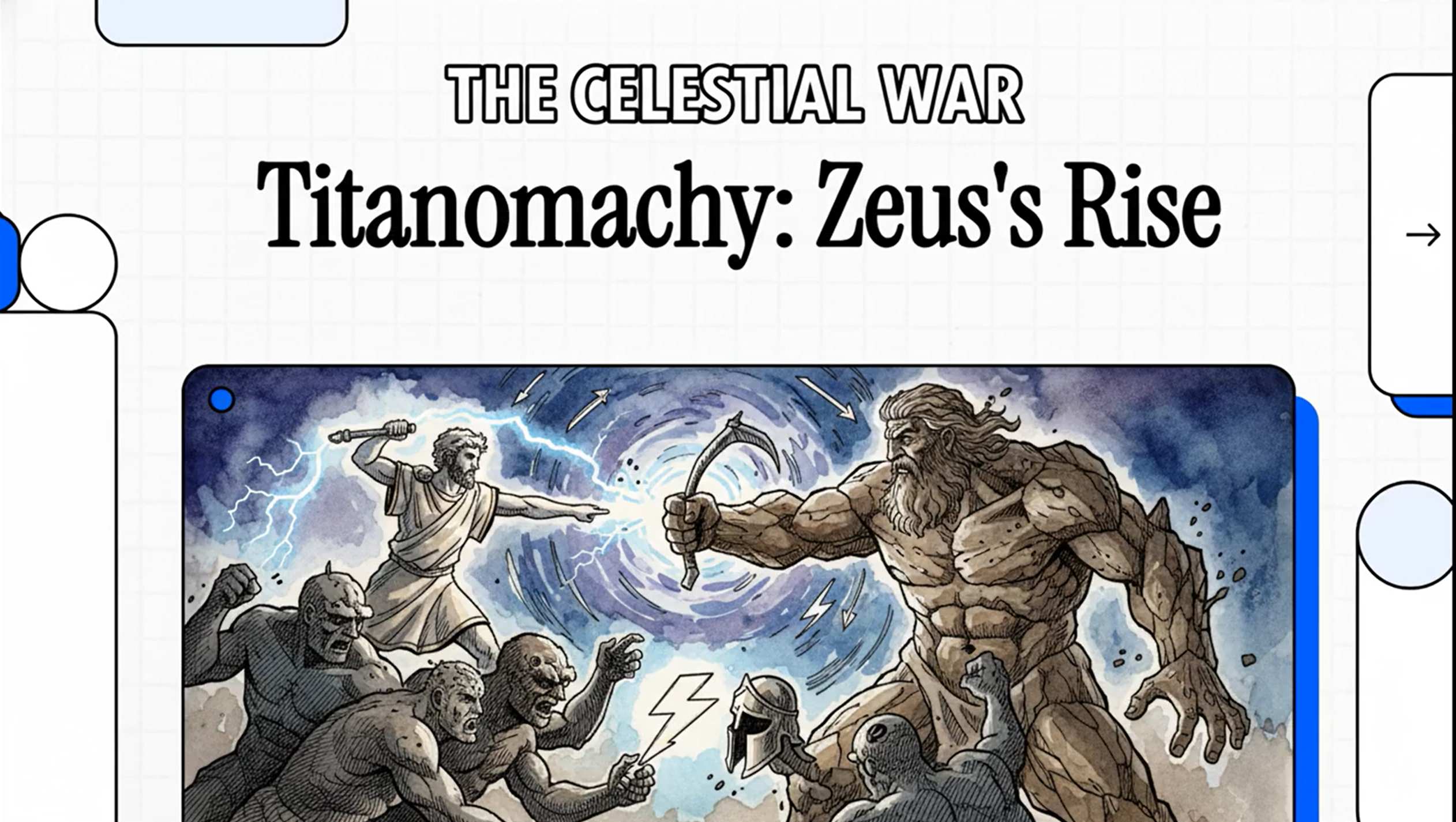 A grand mythological scene of Zeus, holding his thunderbolt, confronting the Titans amidst clouds and lightning